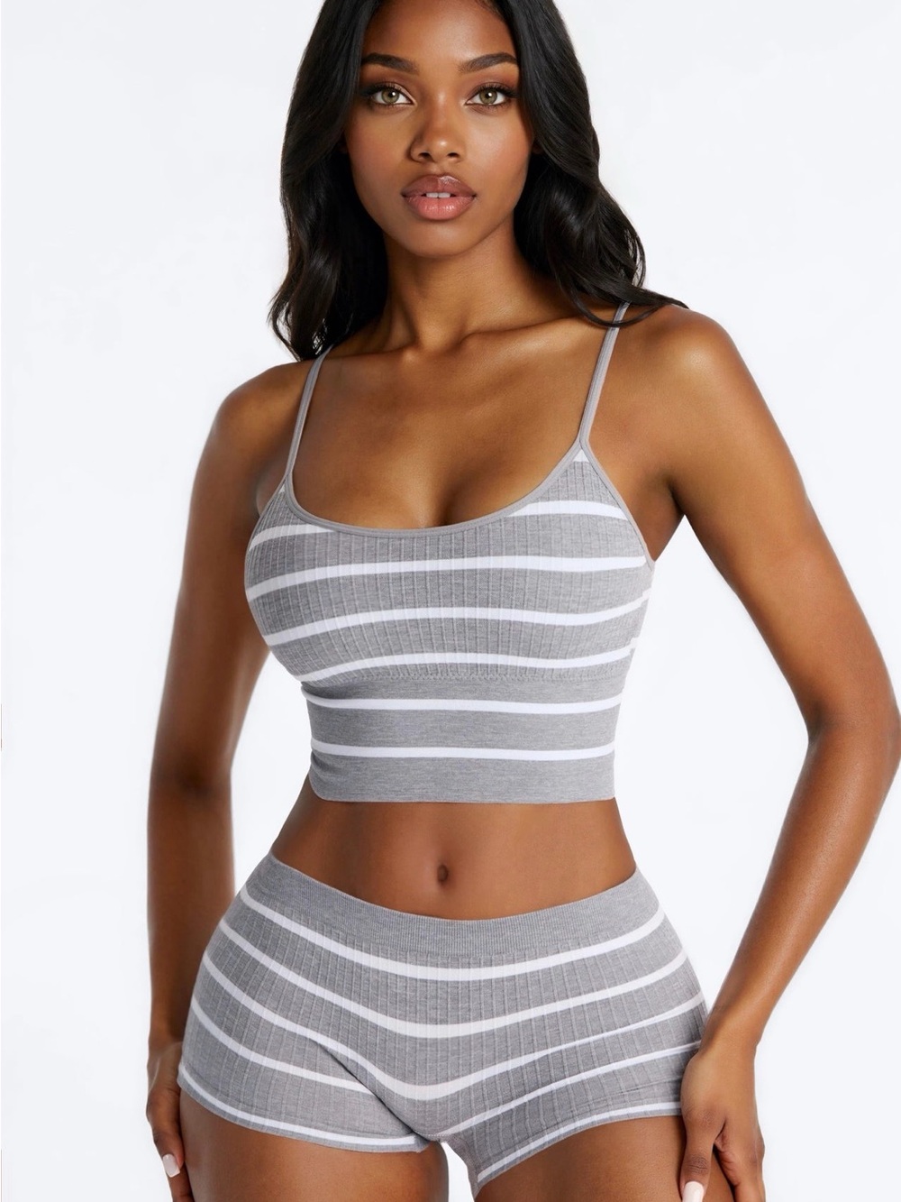 Gray Stripe Seamless Ribbed Crop Bralette and Shorts Set - Women Intimates